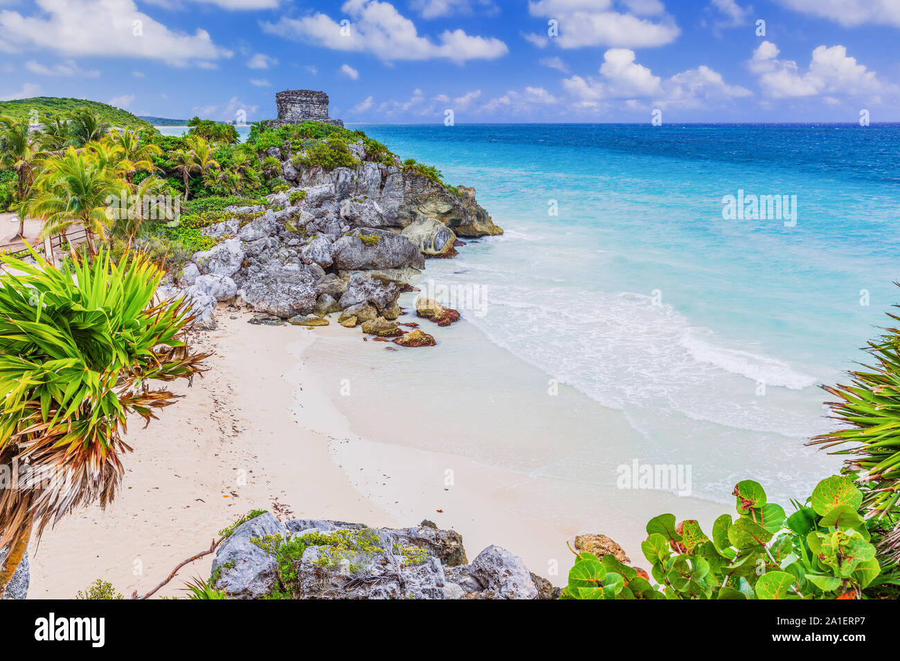 Tulum, Mexico. God of Winds Temple overlooking the Caribbean Sea. Stock Photo
