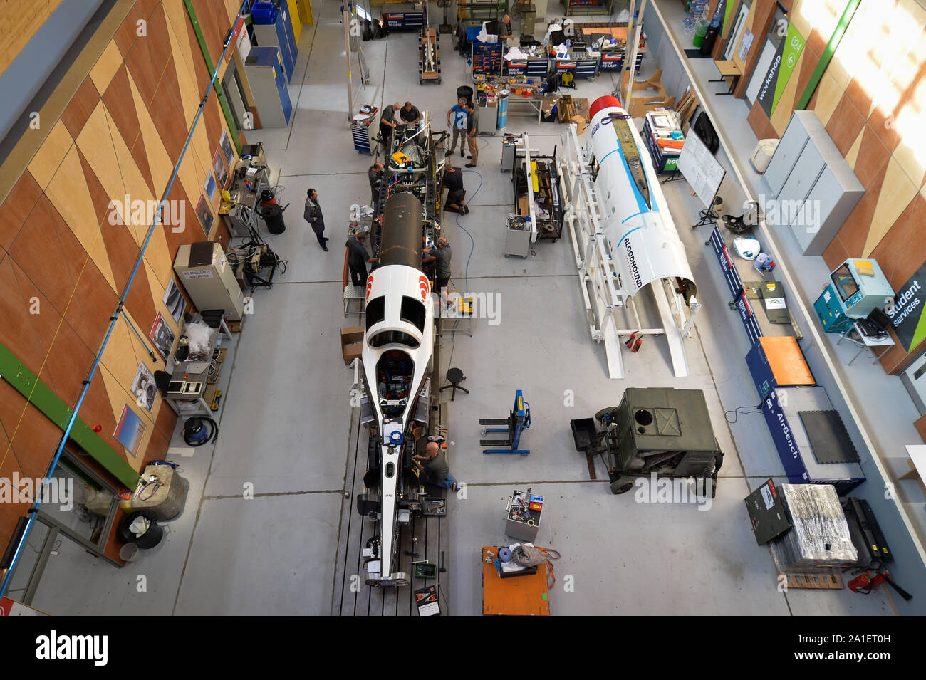 The top section and chassis of Bloodhound sit in the workshop as it enters the final build phase at Gloucestershire Science and Technology Park, Berkeley, before it heads off to South Africa for testing ahead of a land speed record attempt. Stock Photo