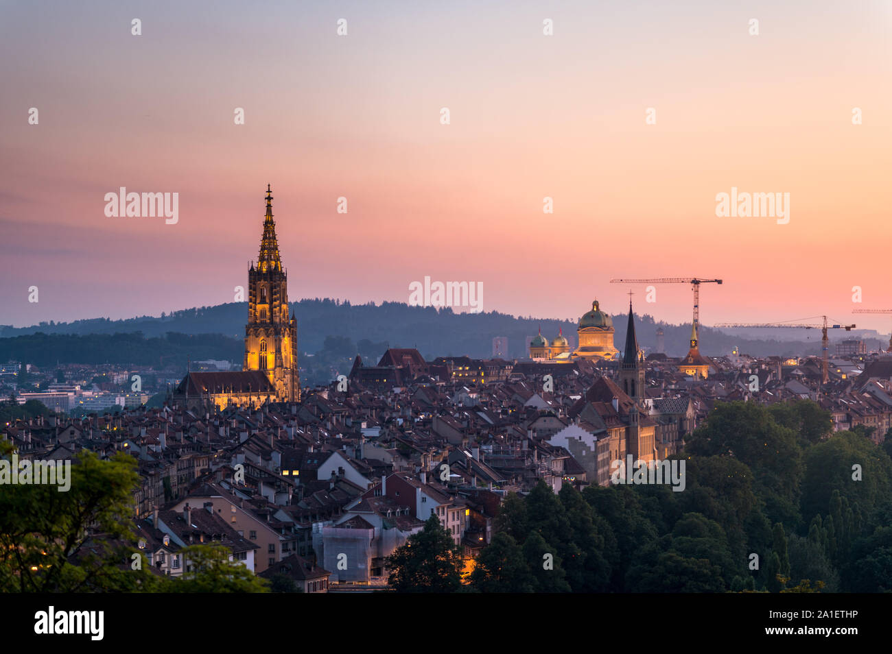 sunset over the Berner Münster and the Oldtown of Bern, Switzerland Stock Photo