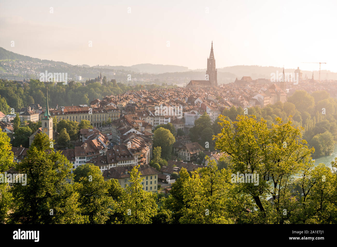 warm afternoon light over the historic city of Bern, Switzerland Stock Photo