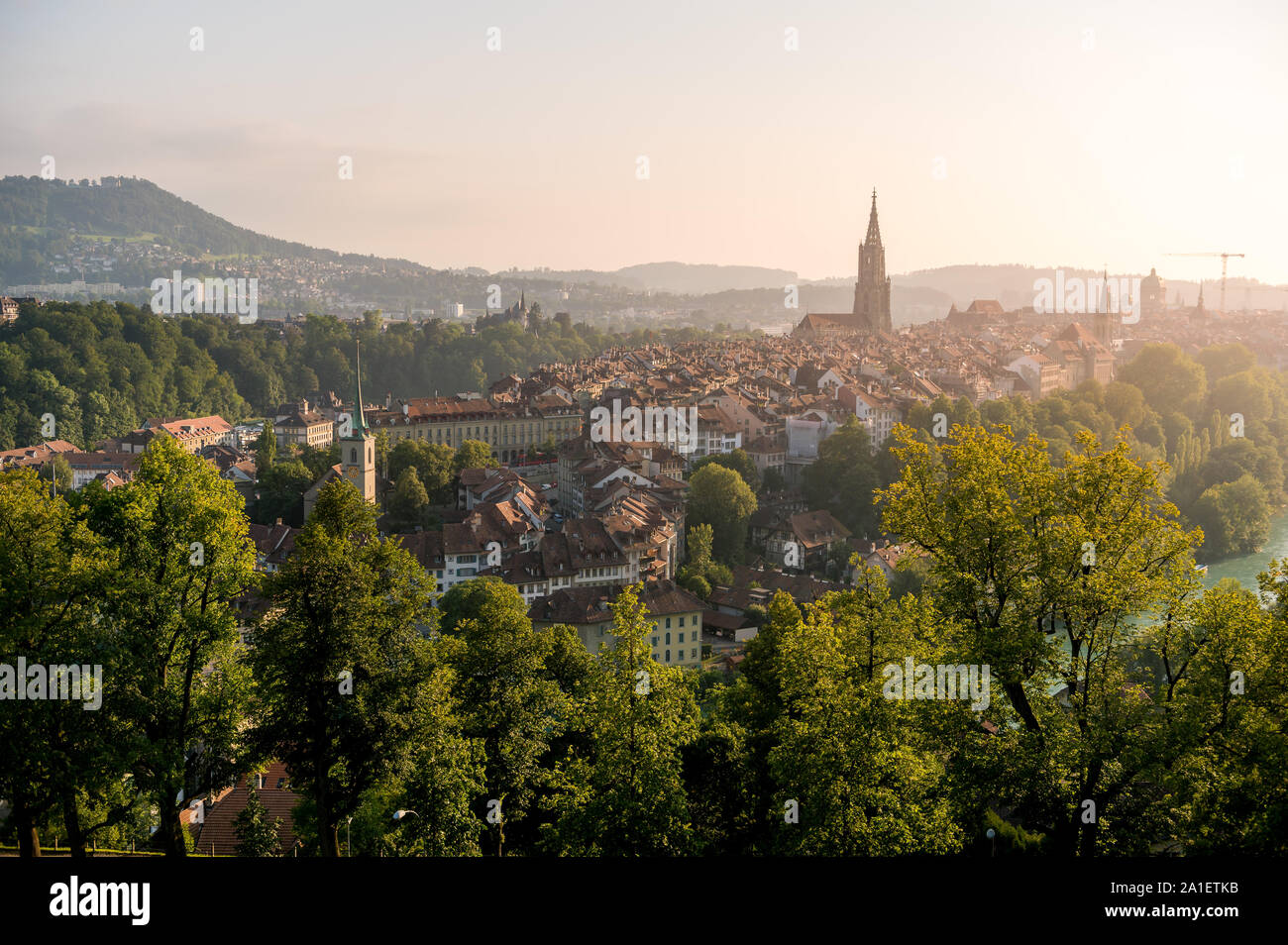 warm afternoon light over the historic city of Bern, Switzerland Stock Photo