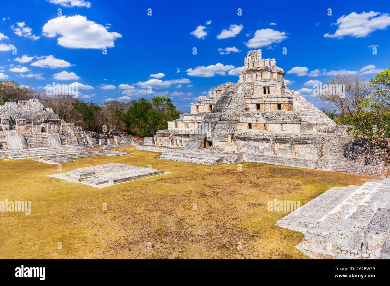 Campeche, Mexico. Edzna Mayan City. The Pyramid of the Five Floors and Gran Acropolis. Stock Photo