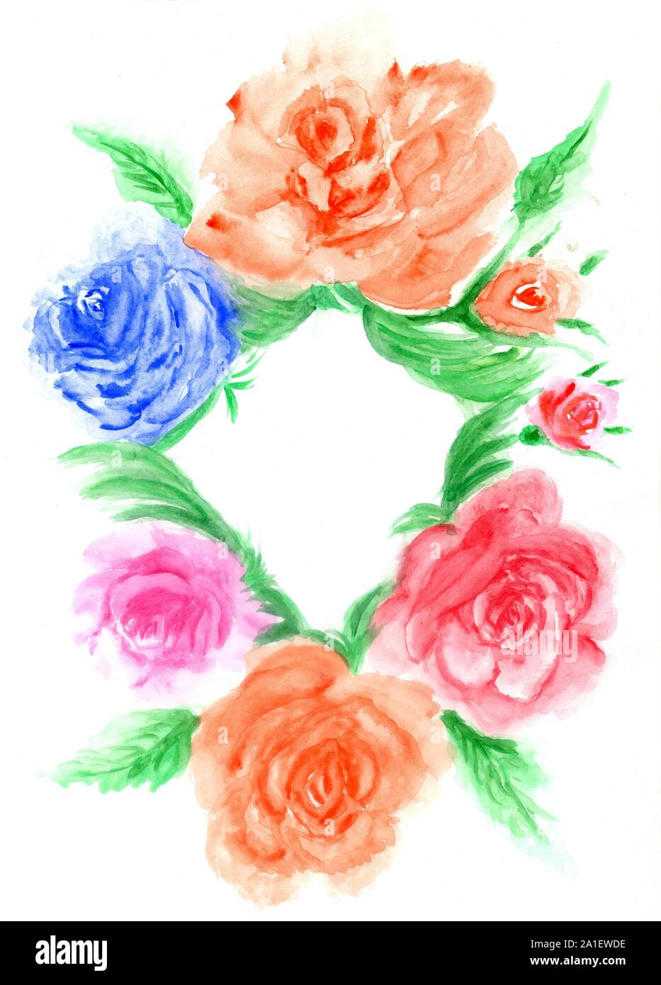 Decorative nature themed frame with flowers in watercolors Stock Photo