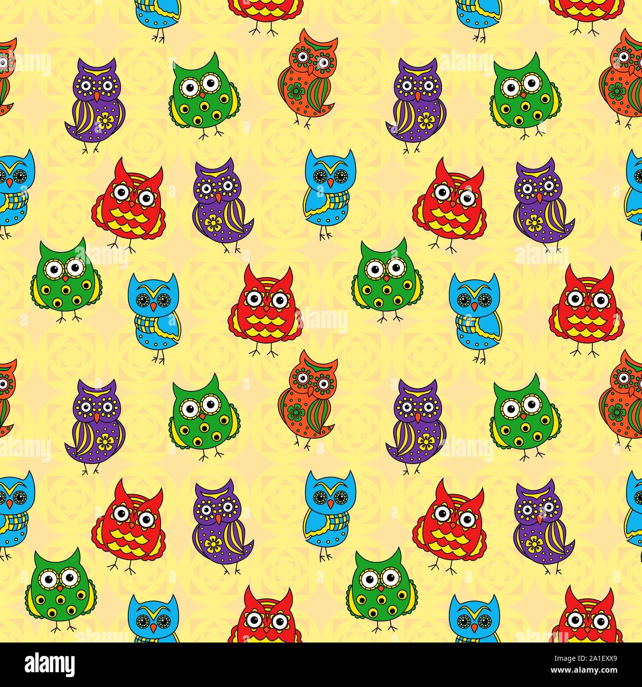 Seamless texture with colorful cartoon owls for baby decoration, the background can be used as a separate seamless pattern Stock Vector