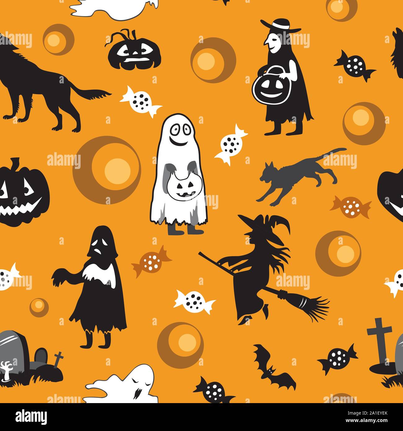 Vector seamless pattern with different Halloween icons (bat, witch, ghost, Grave, black cat, wolf, Cemetery, candy, pumpkin) on orange background, sto Stock Vector