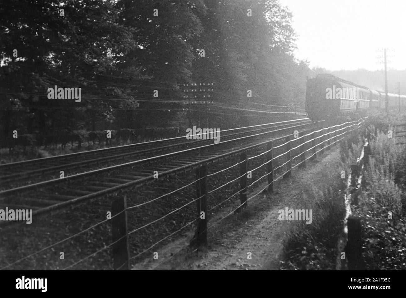 Eisenbahngleis mit einem Zug der Deutschen Reichsbahn, Deutschland 1939. Railway train of Deutsche Reichsbahn, Germany 1939. Stock Photo
