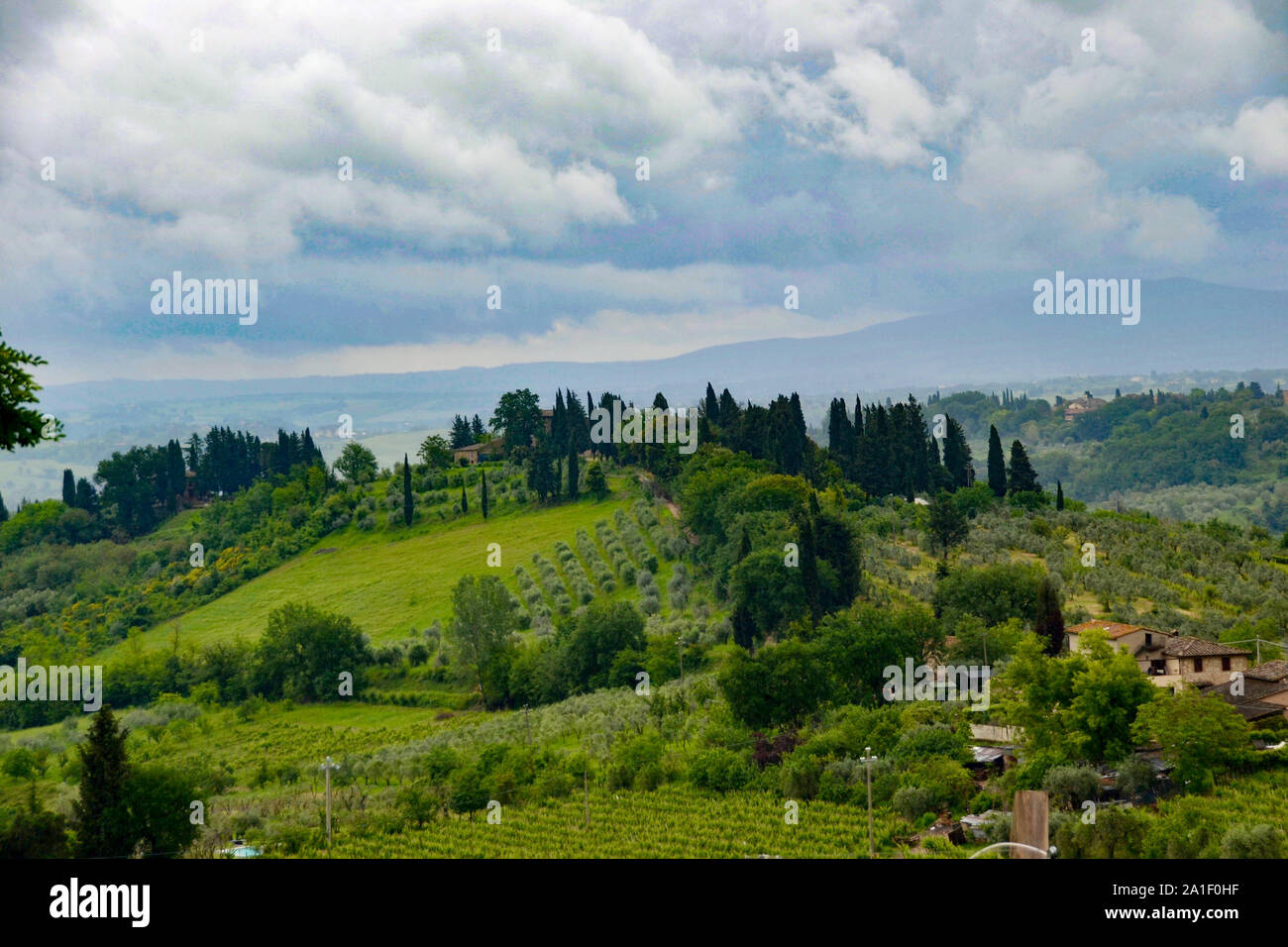 Tuscan countryside as seen from San Gimignano Stock Photo