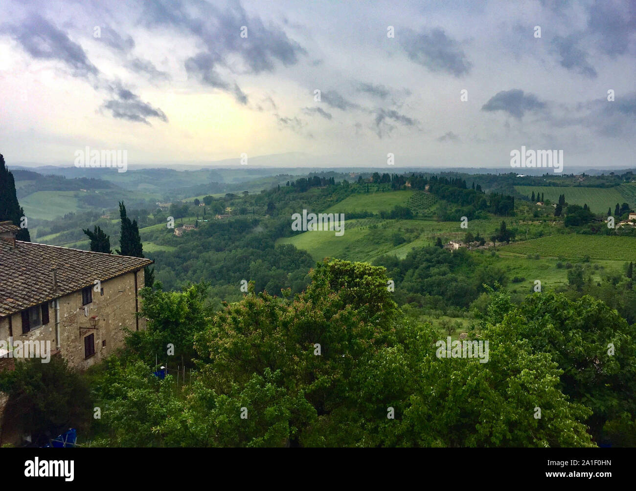 Tuscan countryside as seen from San Gimignano Stock Photo