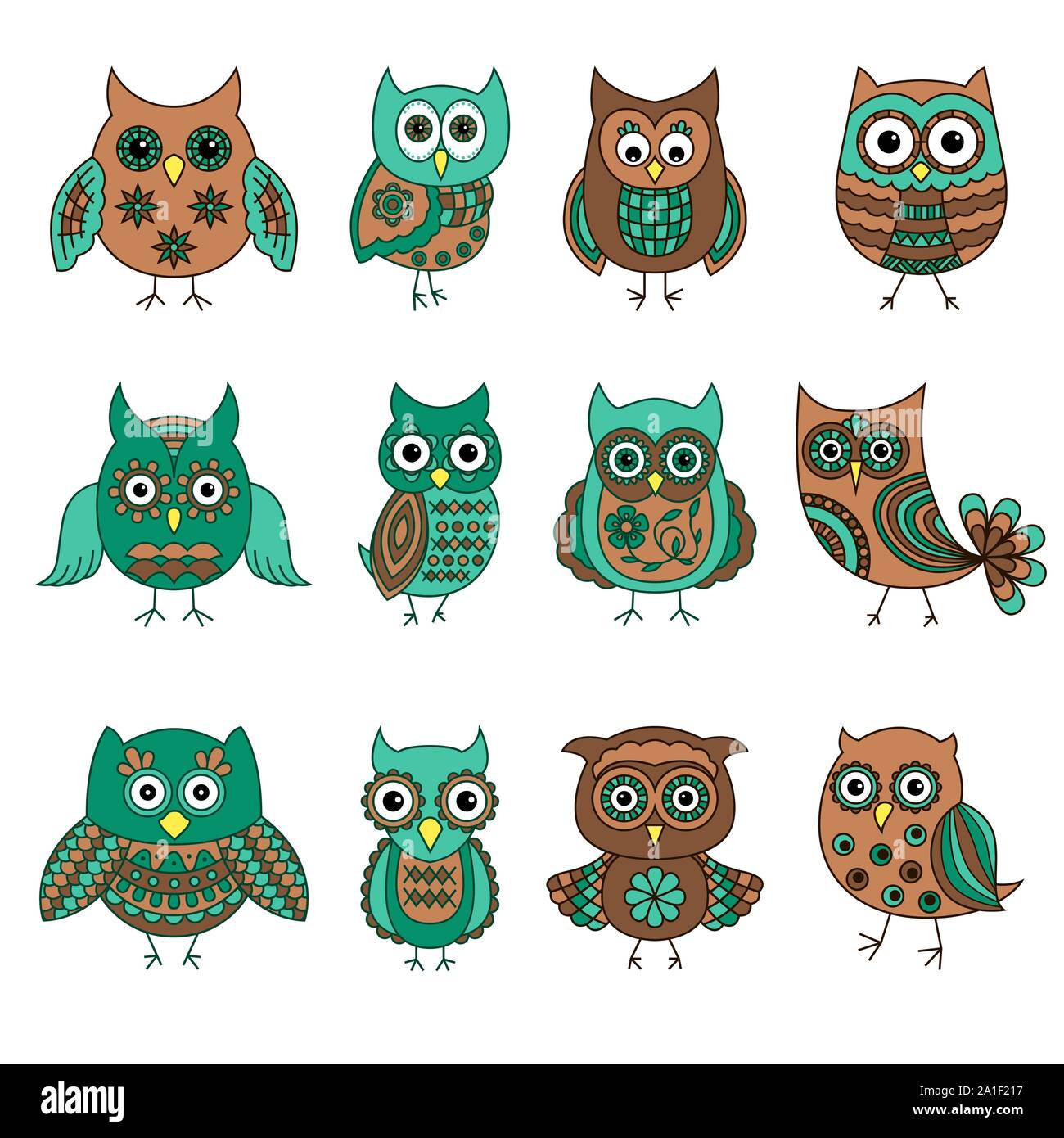 Set of twelve cartoon owls with various patterns in muted colors isolated on the white background Stock Vector