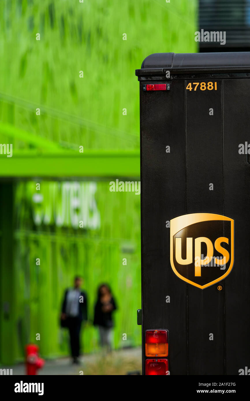 UPS parcel delivery truck, Confluence district, Lyon, France Stock