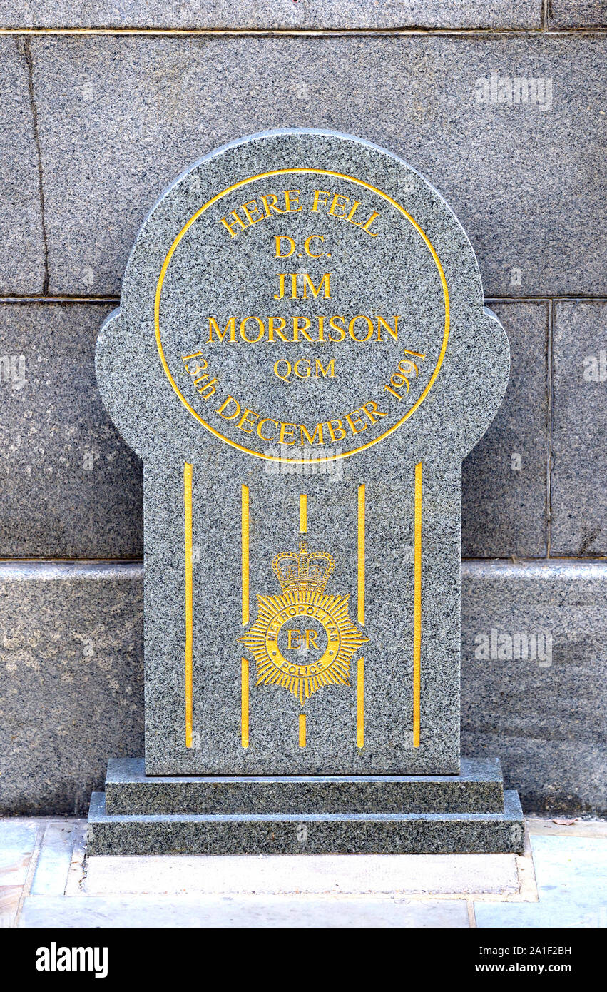 London, England UK. Monument to DC Jim Morrison in India Place. 'Here fell D.C. Jim Morrison, 13 December 1991' Det Con Jim Morrison, 26, was off duty Stock Photo