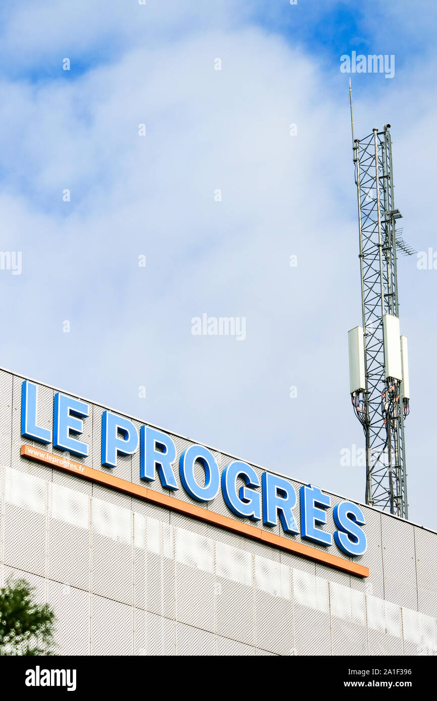 Le Progres Lyons Daily newspaper's sign, Confluence district, Lyon