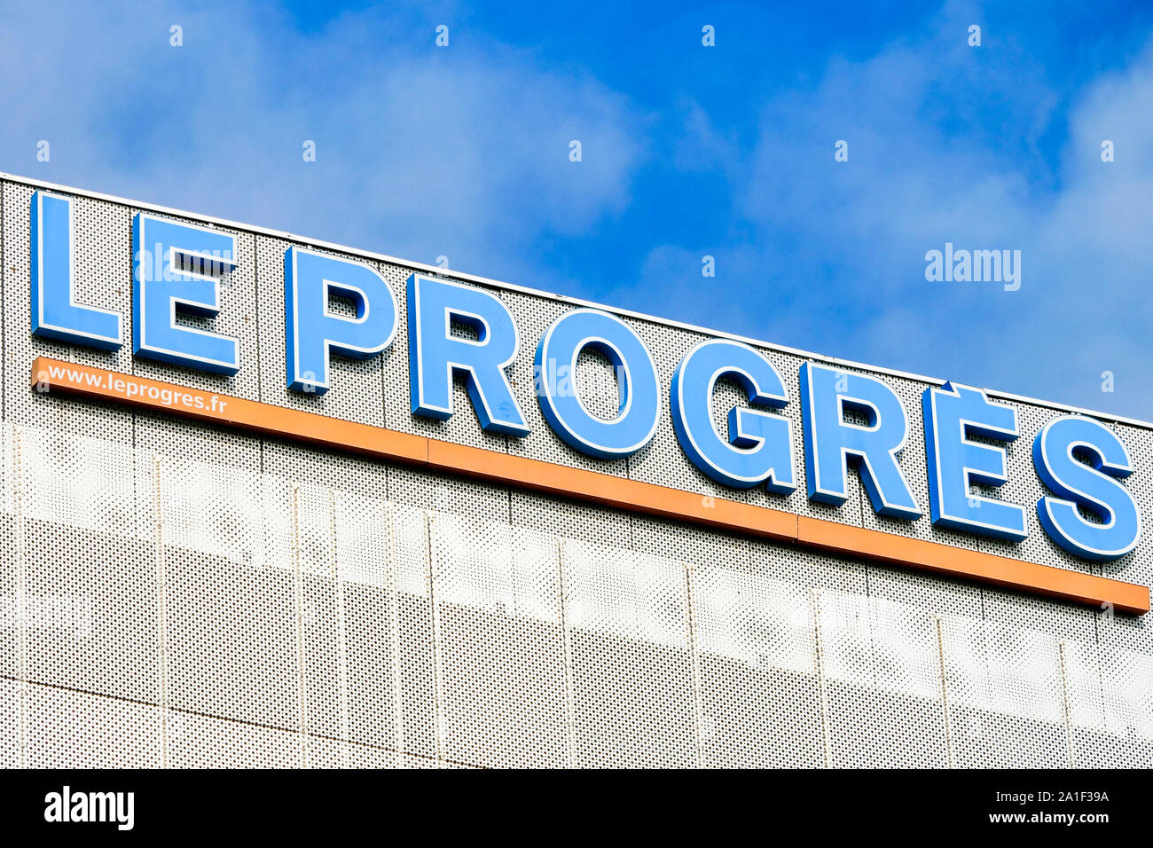 Le Progres Lyons Daily newspaper's sign, Confluence district, Lyon