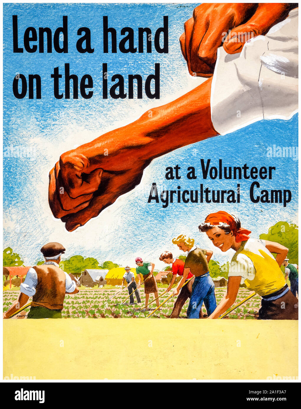 British, WW2, food production, Lend a hand on the land at a Volunteer Agricultural Camp, poster, 1939-1946 Stock Photo