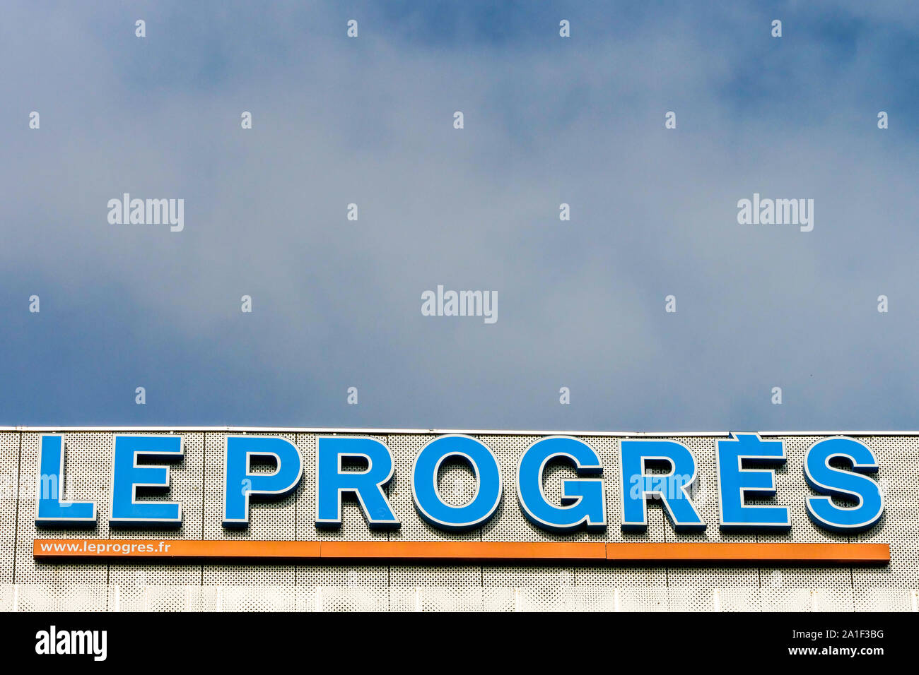 Le Progres Lyons Daily newspaper's sign, Confluence district, Lyon