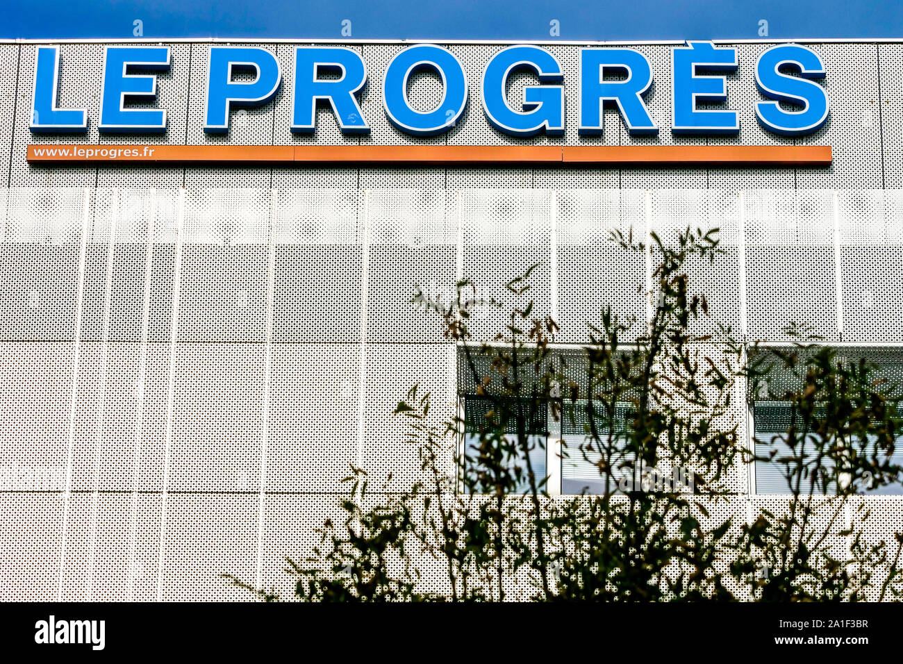 Le Progres Lyons Daily newspaper's sign, Confluence district, Lyon