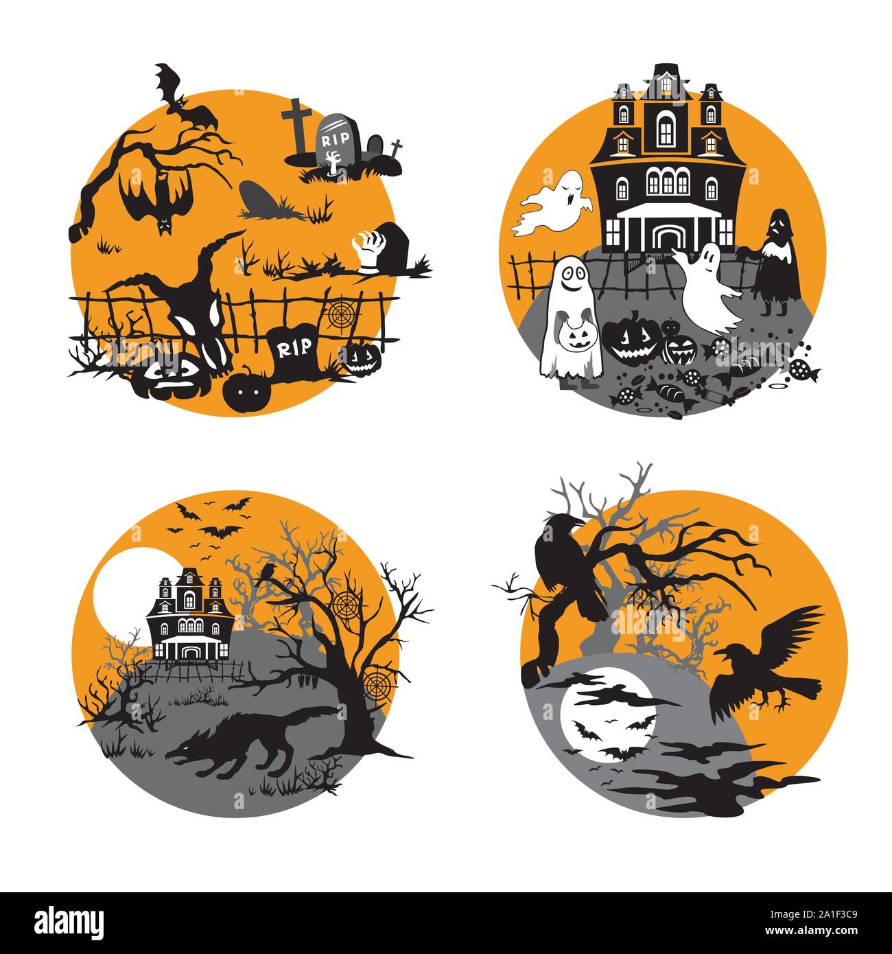Vector Set for Halloween, four small illustration with characters of Halloween (cemetery, spooky ghost house, dead forest with haunted house and werew Stock Vector
