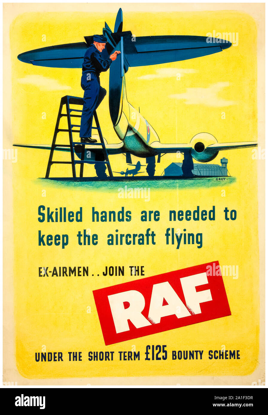British, WW2, Forces Recruitment poster, Skilled hands are needed, join the R.A.F, aircraft mechanic, 1939-1946 Stock Photo
