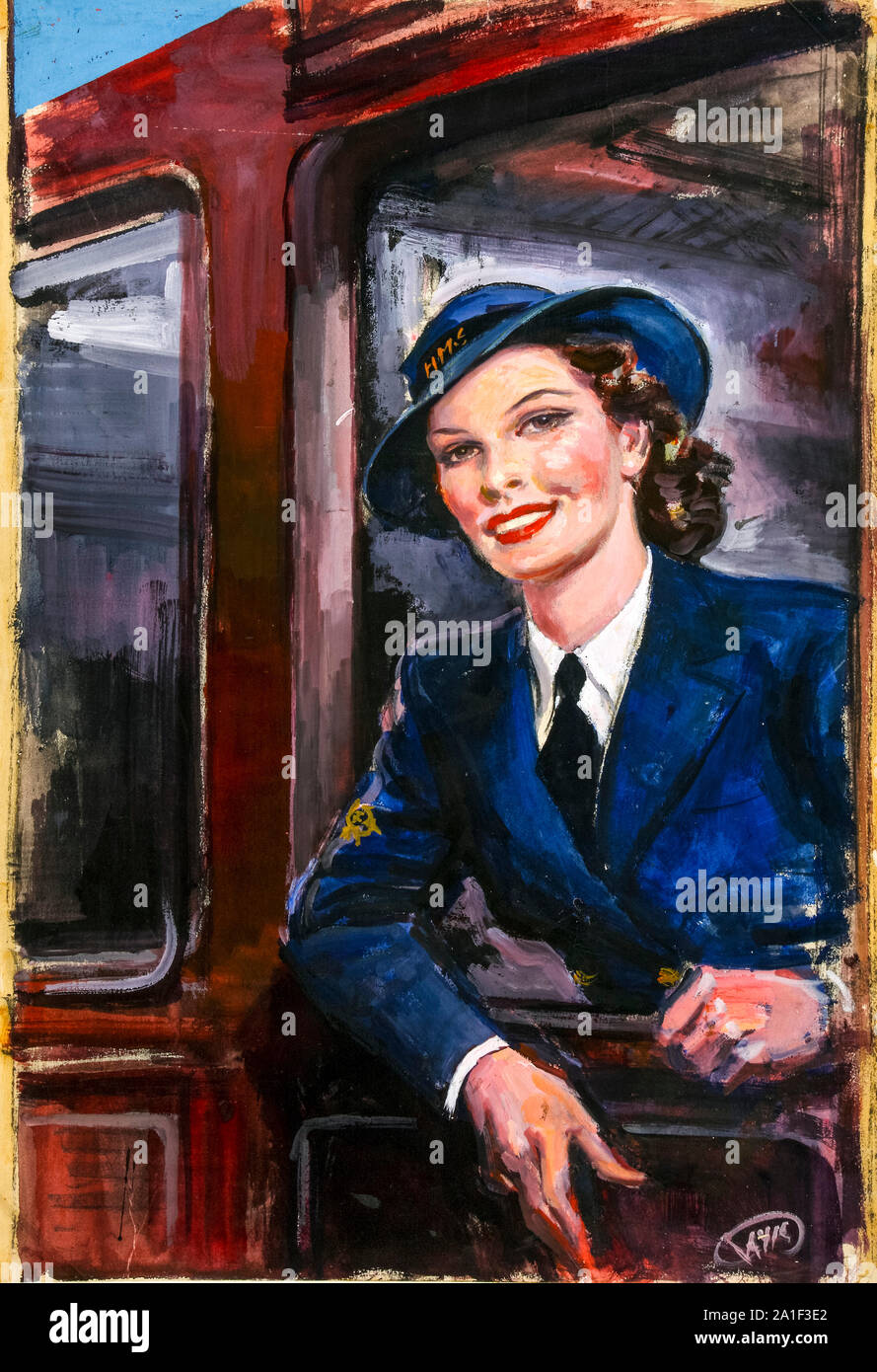 British, WW2, Forces Recruitment poster, W.R.N.S. rating (Wren), at railway carriage window, 1939-1946 Stock Photo