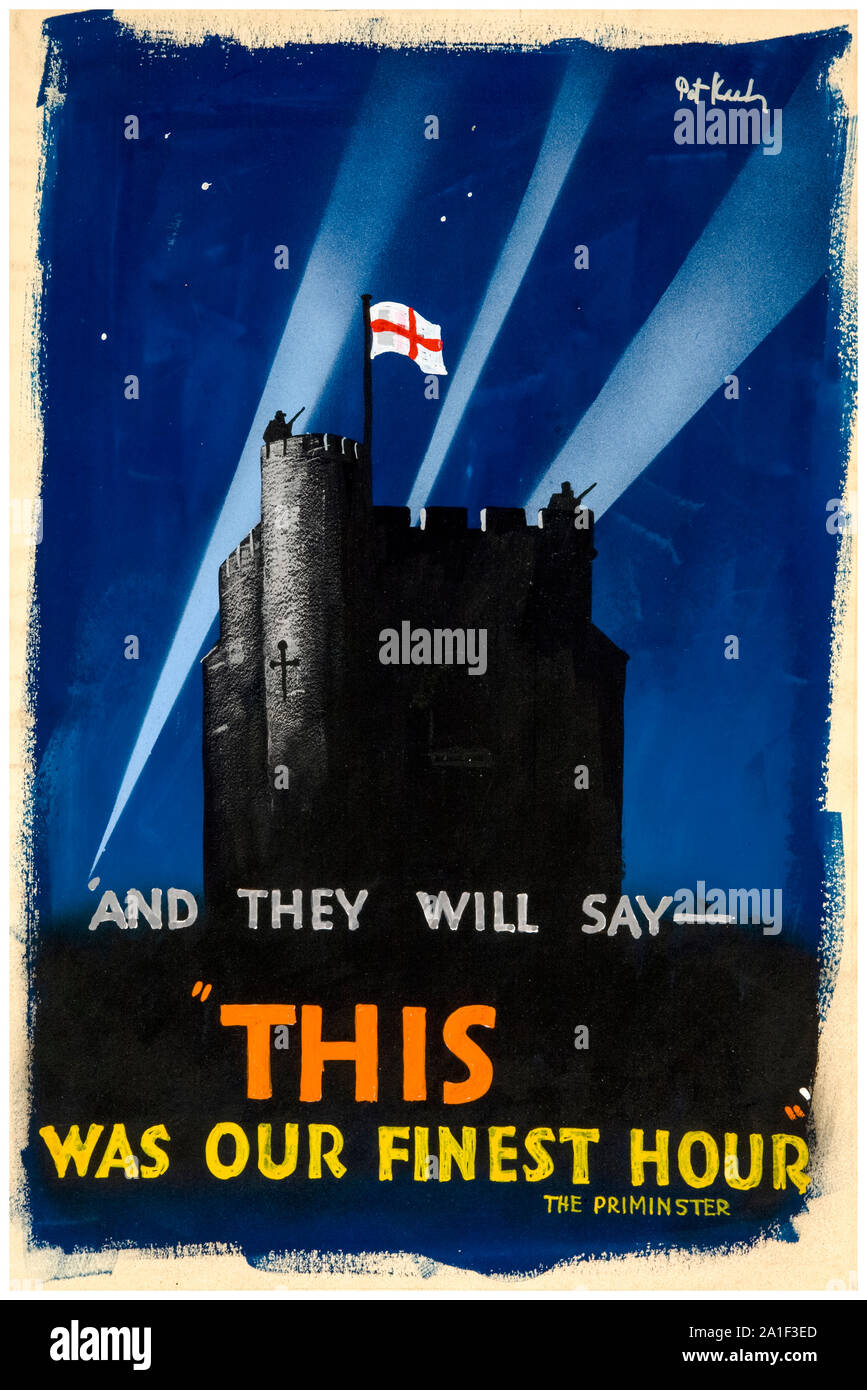 British, WW2, War Effort, And they will say, 'This was our finest hour', (castle and searchlights), motivational poster, 1939-1946 Stock Photo