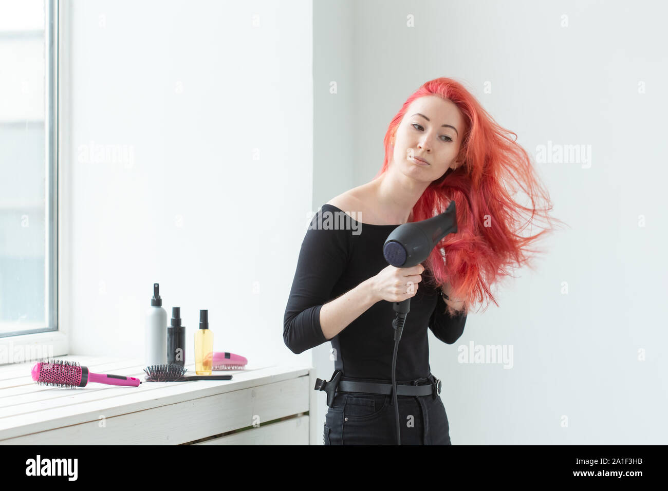 Stylist Fashion Hairdresser People Concept Woman Drying Her