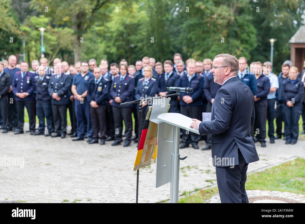 Rastede, Germany. 26th Sep, 2019. Boris Pistorius (SPD), Interior Minister of Lower Saxony, speaks at the Academy for Fire and Disaster Protection. Pistorius presented the activity report of the fire brigade of Lower Saxony for the year 2018. Credit: Martin Remmers/dpa/Alamy Live News Stock Photo