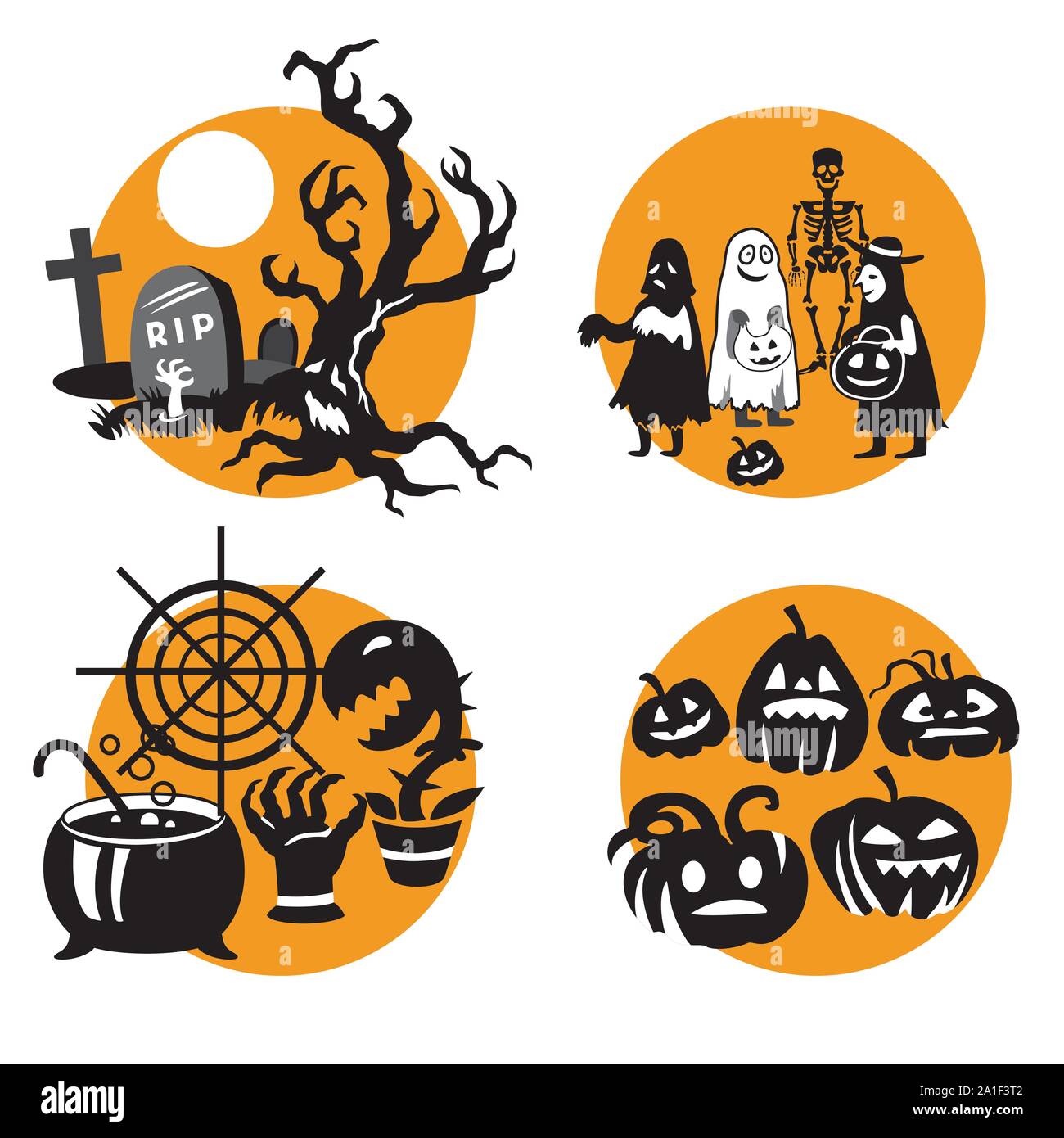 Vector Set for Halloween, four small illustration with characters of Halloween (graves with scary dead tree, children in Halloween costume, cauldron w Stock Vector