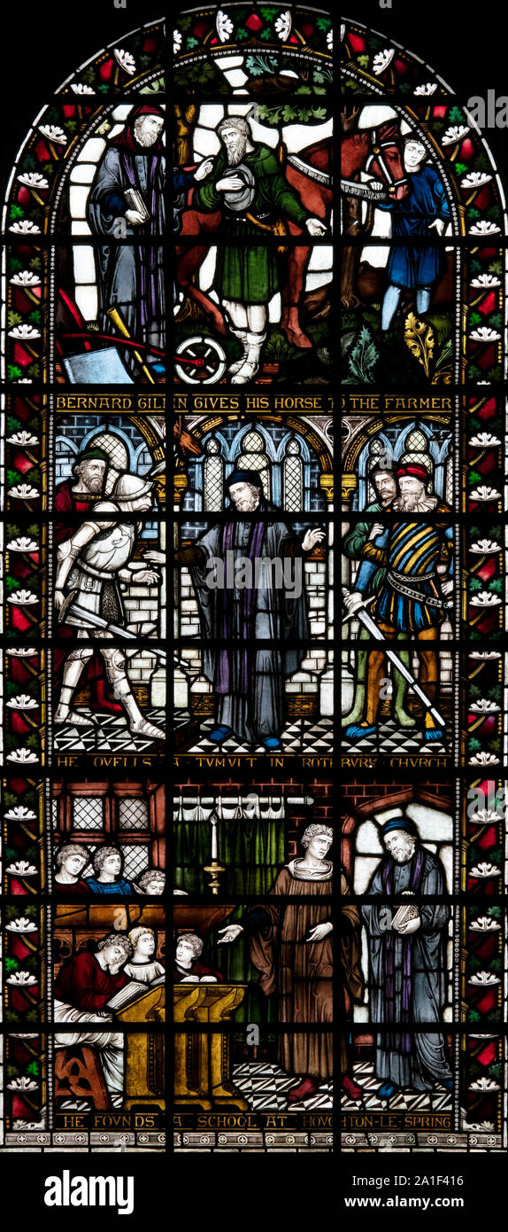 A memorial window to Bernard Gilpin, a 16th century theologian who was known as the Apostle of the North and Father of the Poor, Durham Cathedral, UK Stock Photo