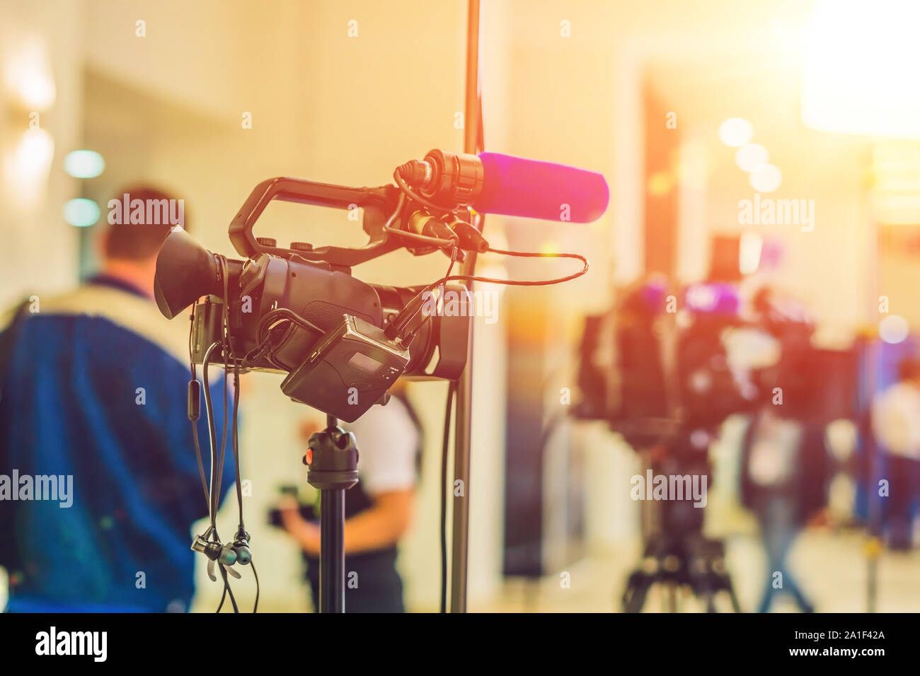 TV NEWS studio with camera and lights Stock Photo - Alamy