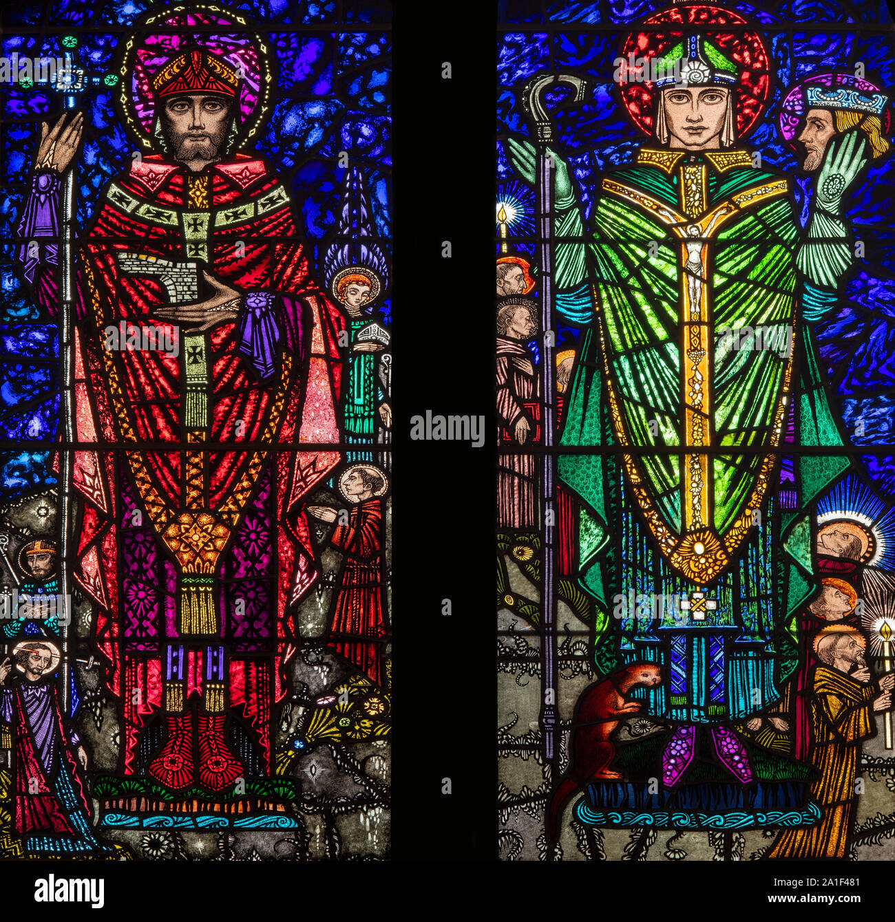 William of York, and St. Cuthbert, depicted in jewel-like colours by the Harry Clarke Studios, 1931, St. Cuthbert's Church, Old Elvet, Co. Durham. UK Stock Photo