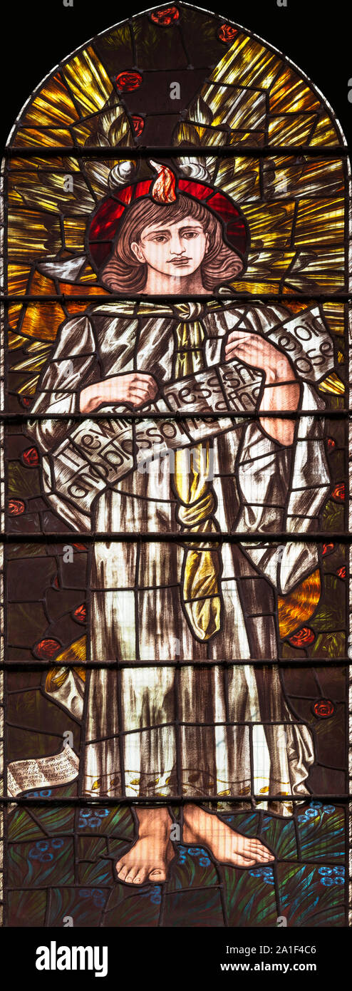 Selwyn Image's 1889 depiction of an Archangel prophesying 'The Millennial Kingdom' (Isaiah 35 : 1), St. Cuthbert's Church, Darlington, Co Durham, UK Stock Photo