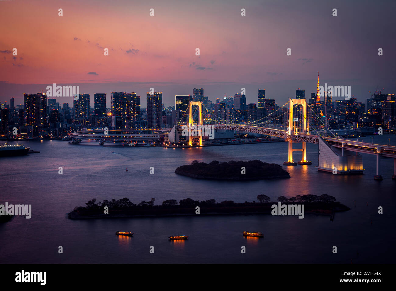 Tokyo skyline with Tokyo Tower and Rainbow Bridge at night in Japan Stock Photo