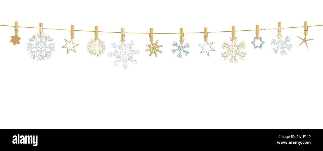 silver and gold snowflakes hanging on a rope vector illustration EPS10 Stock Vector