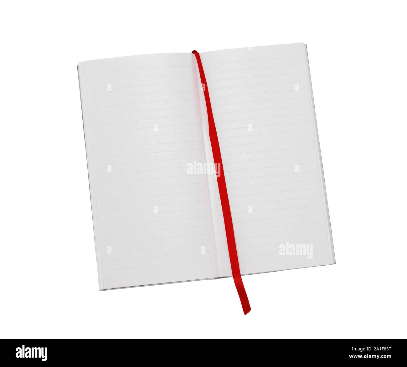 Long, thin, lined notebook background with red fabric bookmark. New page, new leaf concept. Isolated on white background. Stock Photo