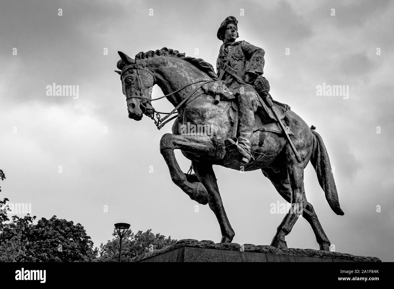 Cast Bronze Statue of Bonnie Prince Charlie on Horseback Wearing Frock Coat  and Sword,Horse has a Raised Leg,Cathedral Green Derby UK Stock Photo