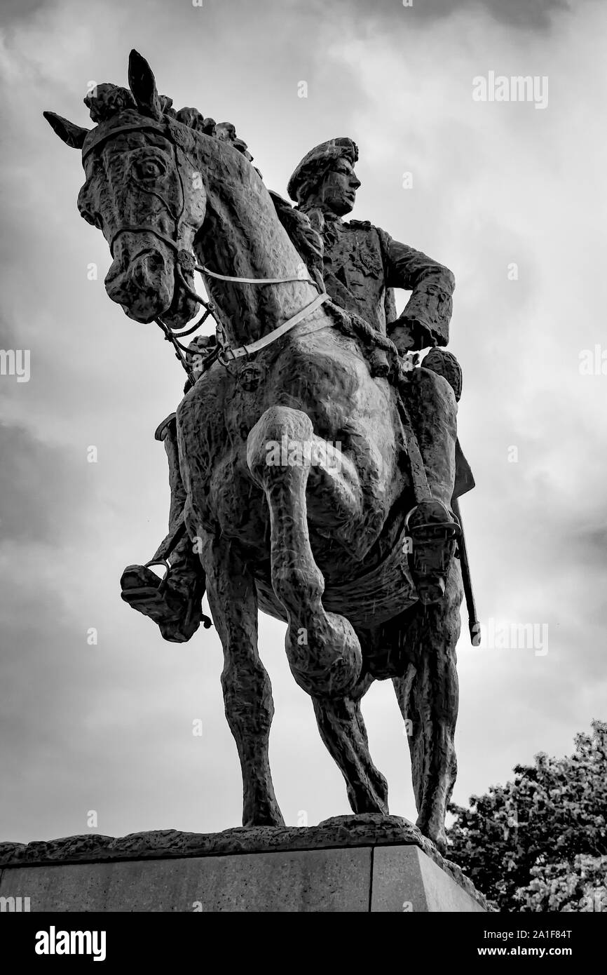 Cast Bronze Statue of Bonnie Prince Charlie on Horseback Wearing Frock Coat  and Sword,Horse has a Raised Leg,Cathedral Green Derby UK Stock Photo
