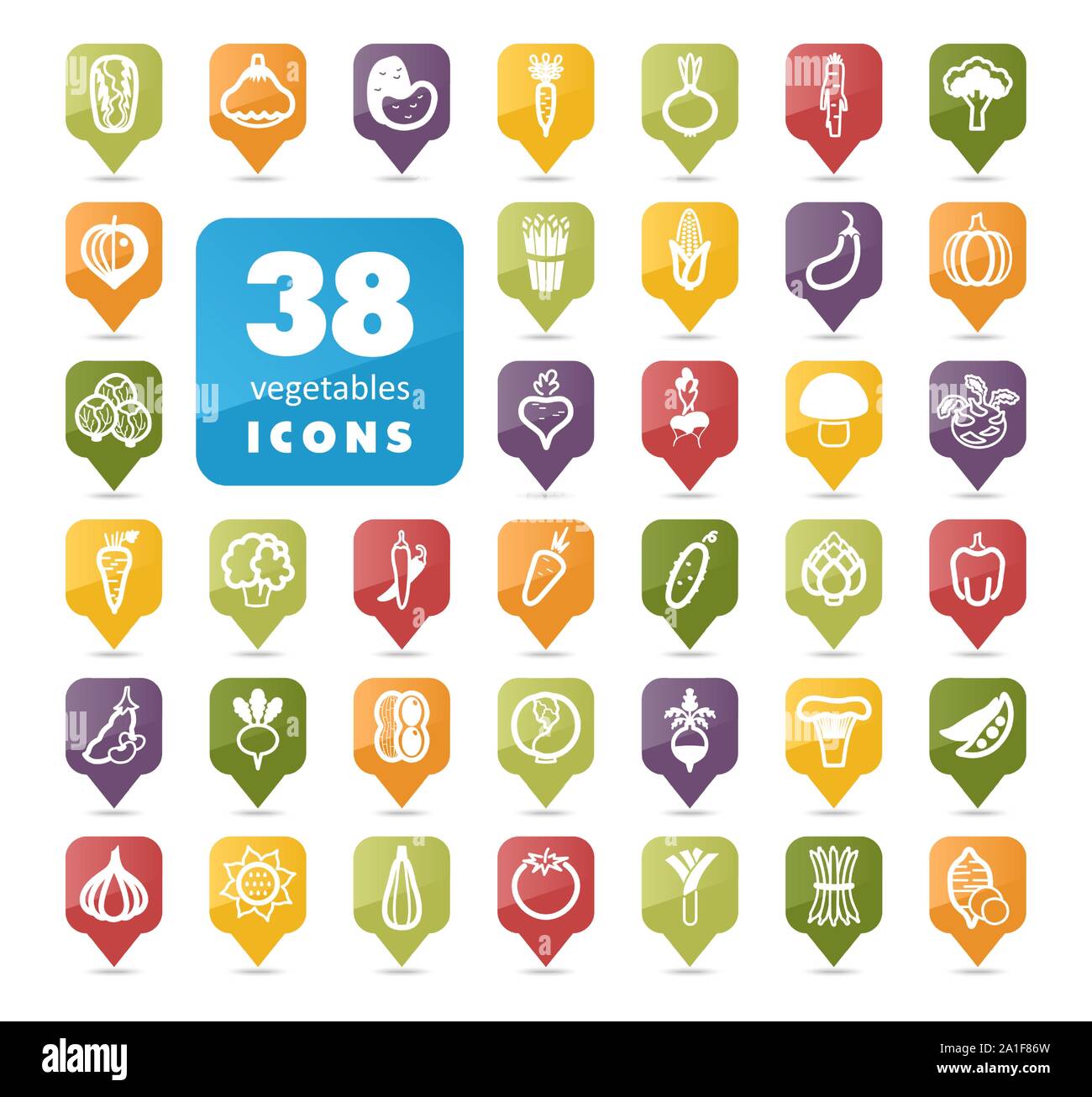 Vegetables flat vector pin map icons set. Map pointer. Map markers. Vector illustration eps 10 Stock Vector