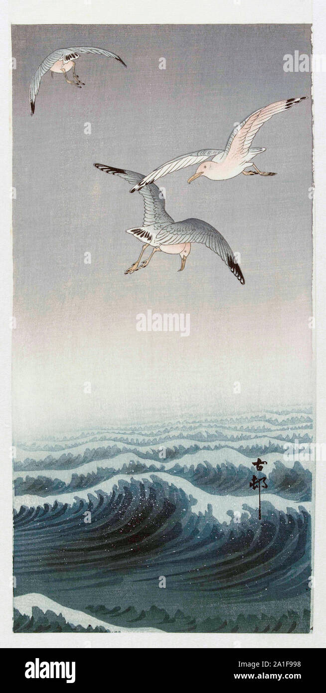 Three Seagulls, by Japanese artist Ohara Koson, 1877 - 1945.  Ohara Koson was part of the shin-hanga, or new prints movement. Stock Photo