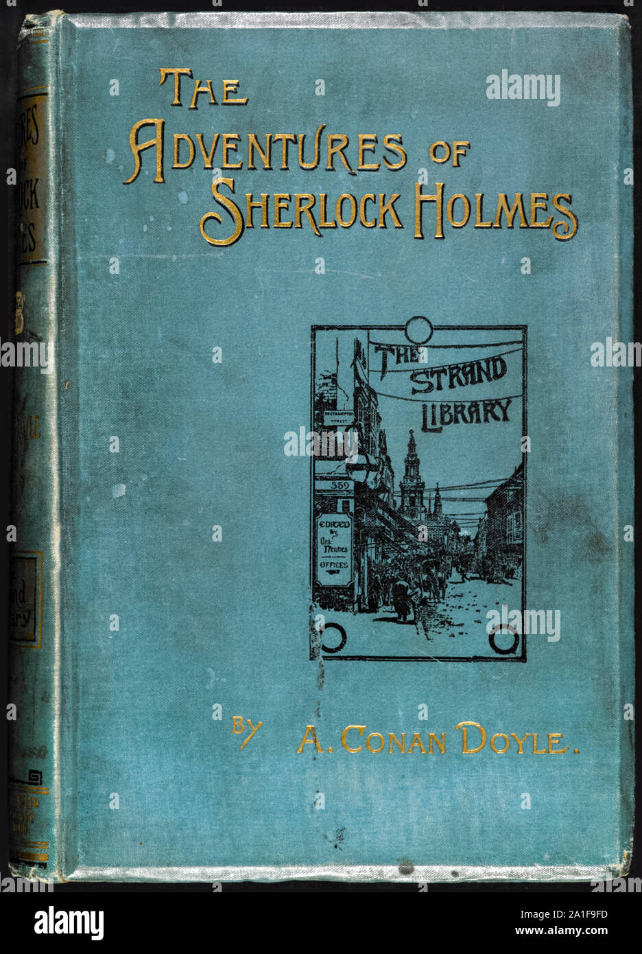 The Adventures of Sherlock Holmes by Sir Arthur Conan Doyle (1859-1930)   Front Cover of second edition published in 1893. It contains the earliest short stories featuring the consulting detective Sherlock Holmes, which had been published in twelve monthly issues of The Strand Magazine from July 1891 to June 1892. Stock Photo