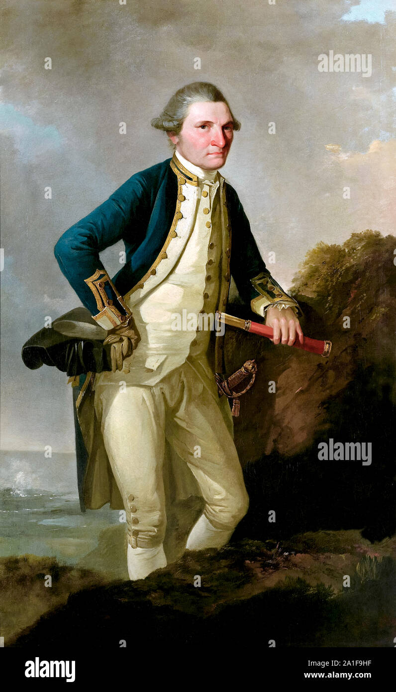 Captain James Cook RN (1728-1779) British maritime explorer, navigator, cartographer and captain in the Royal Navy who landed at Botany Bay in Australia on 22 August 1770 and completed the first recorded circumnavigation of New Zealand in 1772. Oil painting of Cook in British Royal Navy Captain uniform holding a telescope by John Webber (1751-1793) who accompanied Captain Cook on his third Pacific expedition. Stock Photo