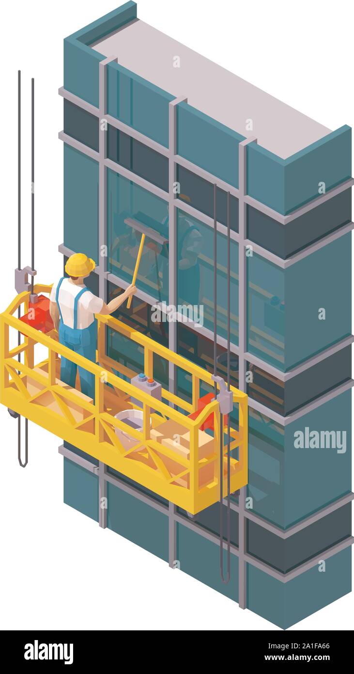 Vector isometric skyscraper windows cleaning. Suspended scaffold, construction cradle or suspended platform, high-rise building glass facade, worker w Stock Vector