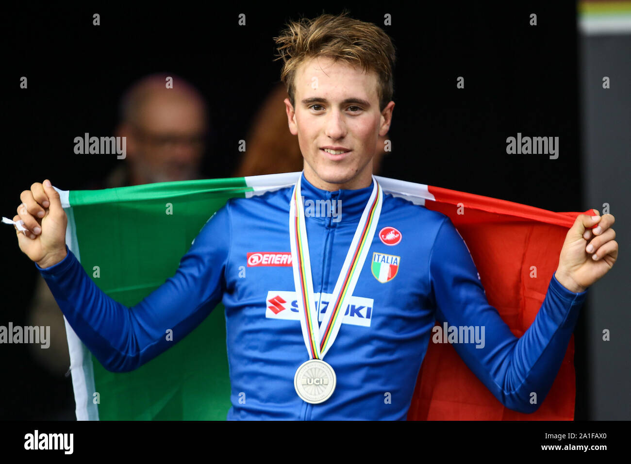 Harrogate, UK. 26th September 2019. Alessio Martinelli  of Italy takes silver in the 2019 UCI Road World Championships Mens Junior Road Race. September 26, 2019 Credit Dan-Cooke/Alamy Live News Stock Photo