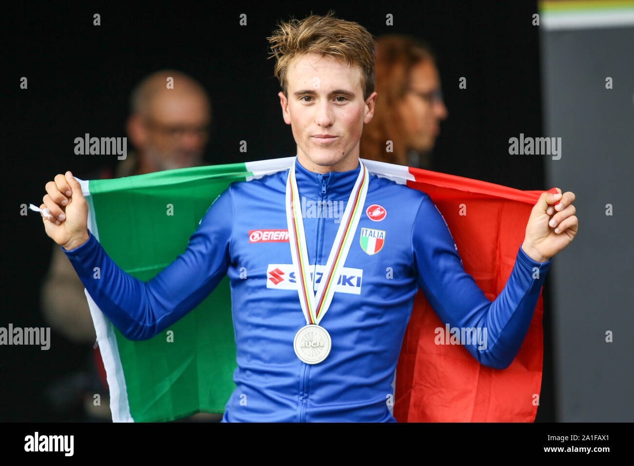 Harrogate, UK. 26th September 2019. Alessio Martinelli  of Italy takes silver in the 2019 UCI Road World Championships Mens Junior Road Race. September 26, 2019 Credit Dan-Cooke/Alamy Live News Stock Photo