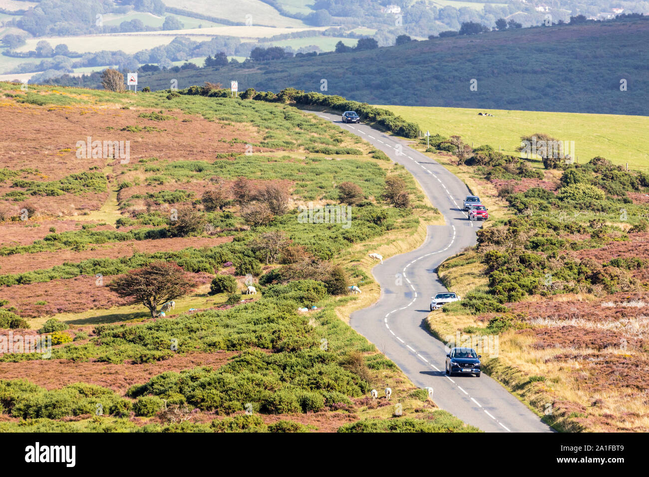 Looking down from Whitstone Post on the A39 at the top of Porlock Hill, Somerset UK Stock Photo