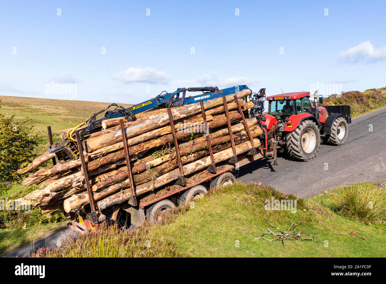 A tractor towing a trailer with a heavy load of logs up a hill on Exmoor above the valley of Chetsford Water north of Exford, Somerset UK Stock Photo