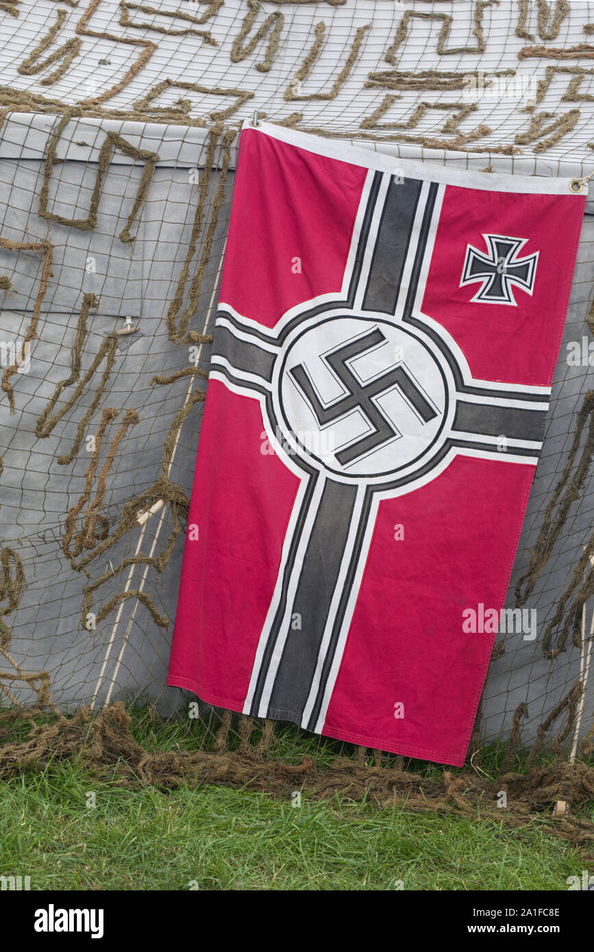 German encampment tent and the 3rd Reich Battle Flag, die Reichskriegsflagge Stock Photo