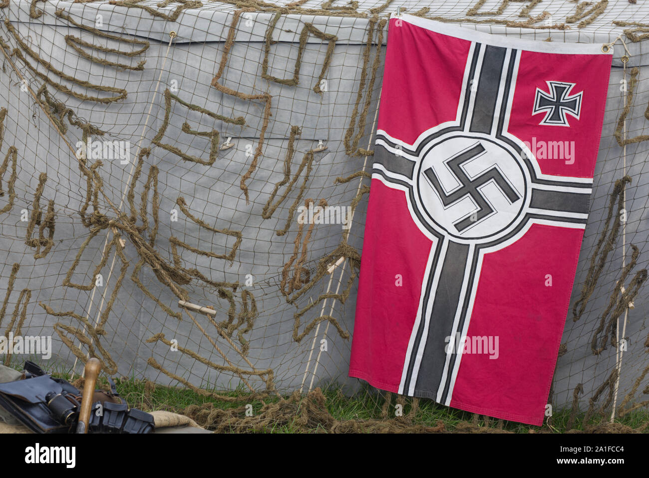 German encampment tent and the 3rd Reich Battle Flag, die Reichskriegsflagge Stock Photo