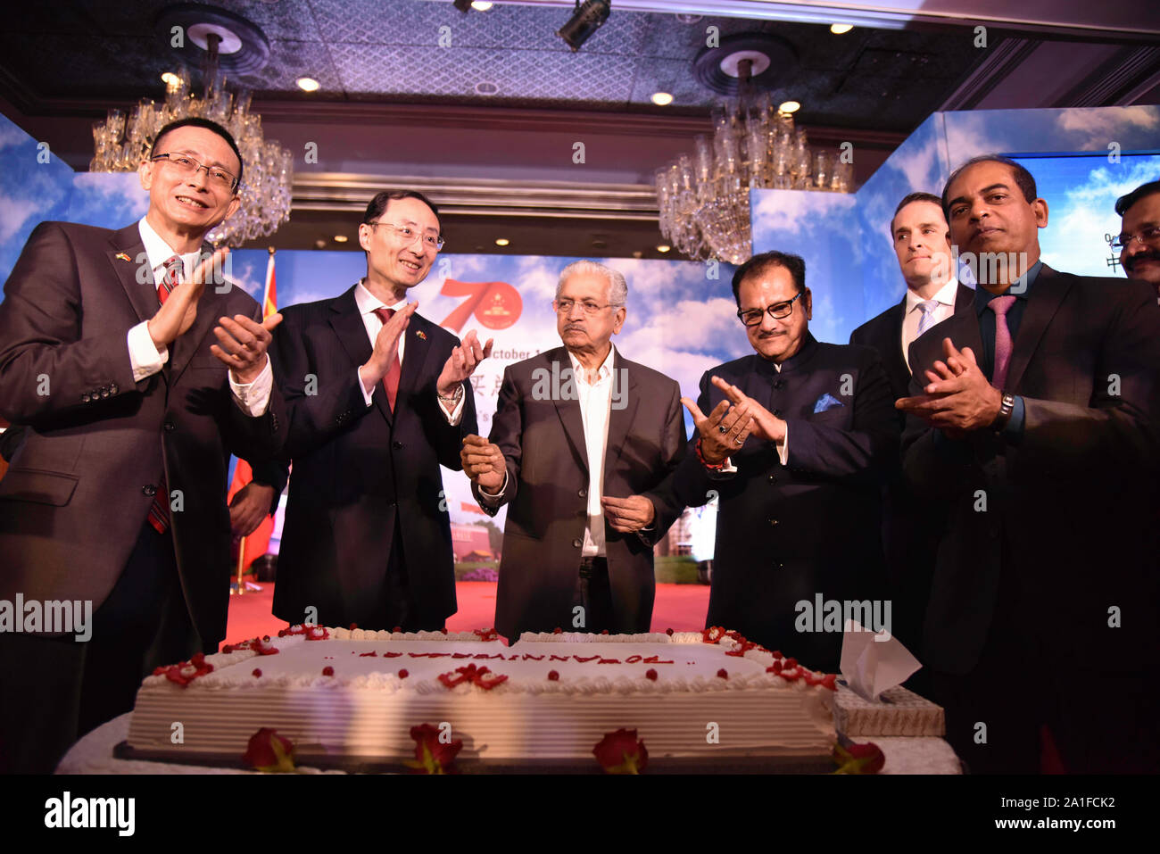 Mumbai, India. 22nd Sep, 2019. Chinese Ambassador to India Sun Weidong attends a reception to celebrate the 70th anniversary of the founding of the People's Republic of China in Mumbai, India, Sept. 22, 2019. Over 400 Indian and Chinese people from various walks of life attended a grand reception marking the 70th anniversary of the founding of the People's Republic of China held in India's financial capital Mumbai on Sunday evening. Credit: Fariha Farooqui/Xinhua Stock Photo