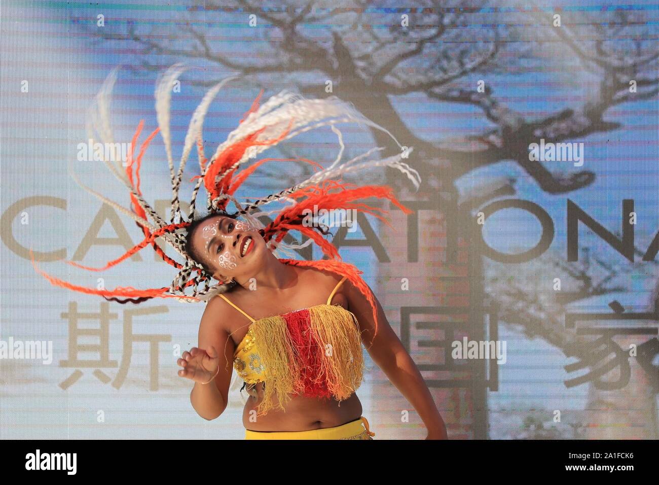 Beijing, China. 26th Sep, 2019. An actress performs during the 'Madagascar Day' event of the Beijing International Horticultural Exhibition in Beijing, capital of China, Sept. 26, 2019. The expo held its 'Madagascar Day' event on Thursday. Credit: Duan Xuefeng/Xinhua Stock Photo