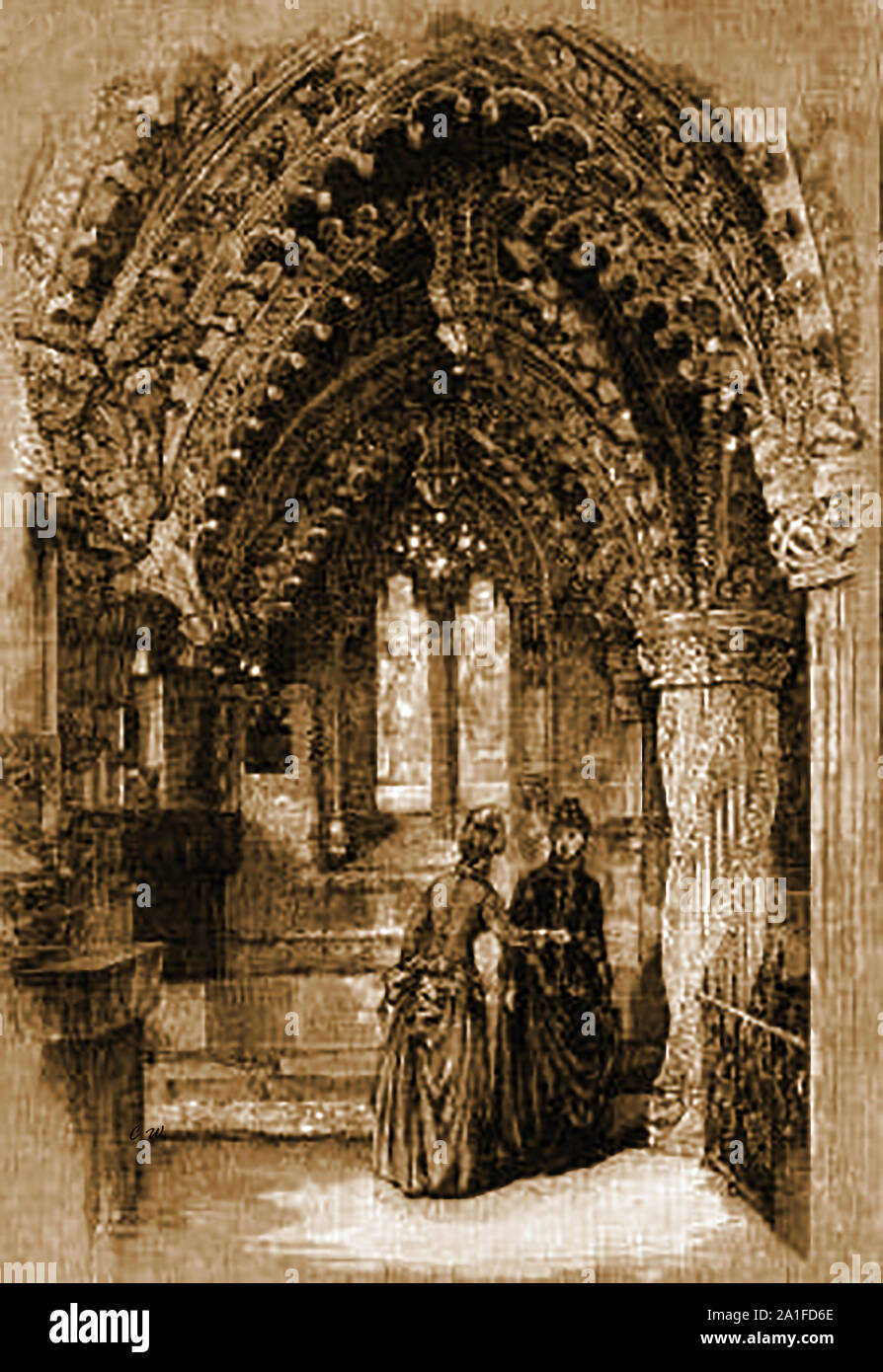 Rosslyn Chapel, Midlothian Scotland in 1890 showing two Victorian women standing near the apprentice pillar. The Chapel was previously known as   the Collegiate Chapel of St Matthew Stock Photo